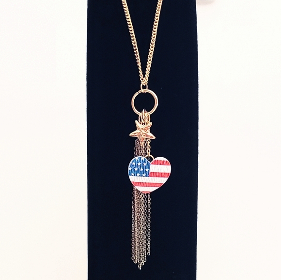 Red White Blue Heart & Gold Star Charm Fringe Necklace Long - Picture 6 of 7